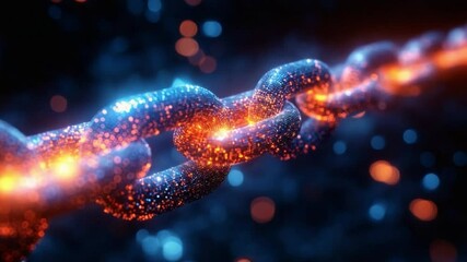 Poster - Blockchain chain: A meticulously crafted, high-definition depiction of a blockchain, symbolized by a robust chain, with links illuminated by glowing energy, all set against a dynamic.