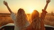 © svastix - This image captures two friends standing on a car, joyfully embracing a picturesque sunset while overlooking a serene landscape filled with golden light and beauty.