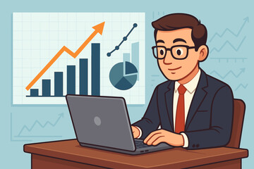 Poster - Happy Businessman analyzing financial market data, investment growth charts on laptop. Professional working on business strategy, profit increase, stock statistics. Cartoon vector illustration.