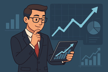 Poster - Thoughtful Businessman Analyzing Sales Data on Tablet. Economic Growth Graph, Modern Digital Interface, Business Strategy, Financial Planning, and Stock Market Success. Vector Cartoon.