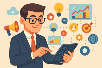 Poster - Businessman Developing Digital Marketing Strategy, Analyzing Data on Tablet with Interface Icons. Online Business Growth, Promotion, Planning & Innovation Vector Cartoon Illustration.
