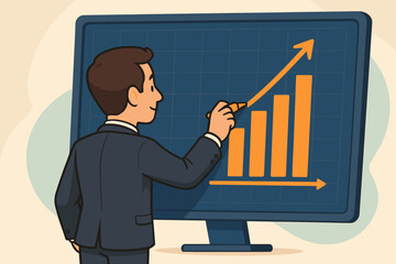 Poster - Businessman drawing a growth chart on a digital board. Business success, strategy, and planning concept. Manager analyzing financial data for a corporate marketing presentation. Vector.