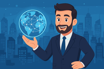Poster - Smiling businessman holding a glowing globe with a global network connection. Concept of business technology, internet, and communication. Corporate man in city. Vector illustration.