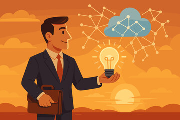 Poster - Businessman with glowing light bulb idea connected to cloud computing network. Concept for innovation, technology, business solutions, and digital transformation. Future success vision.