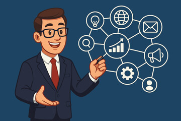 Poster - Businessman presenting a digital marketing strategy on a virtual screen. Cartoon character explaining a business plan with a flowchart of network icons. Concept for growth, analytics, and SEO.