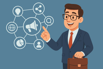 Poster - Professional Businessman Presenting Digital Marketing Strategy Plan with Network Icons, Megaphone, Lightbulb, Globe, Data Analytics, SEO, and Social Media Concepts. Cartoon Vector Illustration.