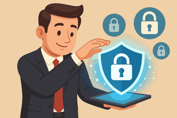 Poster - Businessman protecting digital data on tablet, symbolizing cybersecurity, internet safety, online privacy, network security, and GDPR compliance. Corporate data protection concept.