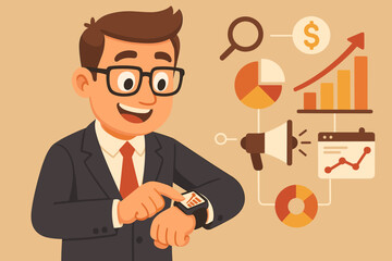 Poster - Smiling businessman researching digital marketing sales data, performance analytics, and growth trends on his smartwatch for business strategy, success, promotion, and online communication. Vector.