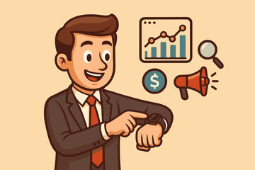 Poster - Smiling Businessman Analyzing Digital Marketing Sales Data and Business Growth on Smartwatch, surrounded by Financial Icons, Statistics, and Promotion Tools. Modern Technology Success Vector Cartoon.