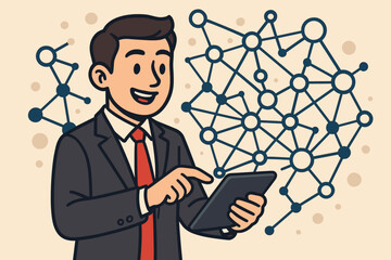 Poster - Businessman managing global network connections with a digital tablet. Concept of modern business communication, innovation, big data, and technology strategy. Cartoon vector illustration.