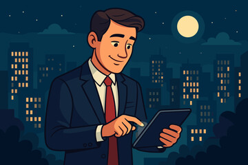 Poster - Businessman using tablet at night in city skyline. Professional man working late hours with digital technology. Cartoon vector illustration of executive browsing global network under moon.
