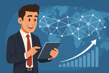 Poster - Successful businessman using digital tablet to monitor global network connections, economic growth, and financial data. Corporate professional analyzing world market trends for business success.
