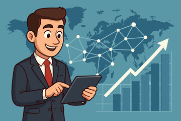 Poster - Businessman happily using digital tablet, monitoring global financial network, economic growth, market analytics. Cartoon character tracking business data, success strategy, world map background.