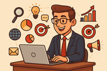 Poster - Businessman working on laptop developing digital marketing strategy. Business concept of SEO, data analysis, online promotion, and content management. Cartoon vector illustration.