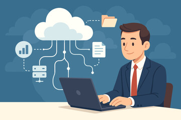 Poster - Businessman managing digital data on laptop with cloud computing network connection. Global online server storage, secure information exchange, modern business technology concept illustration.