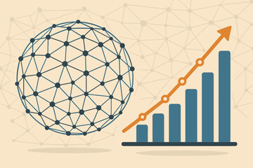 Poster - Abstract Global Network Structure with Growth Graph and Bar Chart. Vector illustration for Business Strategy Planning, Financial Progress, Data Analysis, Technology, and International Success.