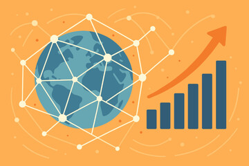 Poster - Worldwide Business Network Connectivity Growth. Abstract Global Data Analytics, Strategic Planning, Financial Success, and Progress Bar Graph Vector Illustration.