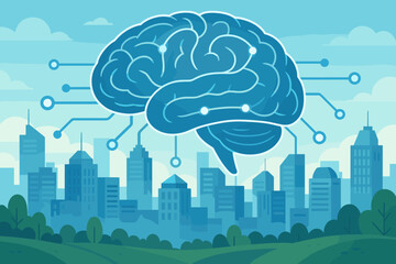 Poster - Artificial Intelligence Brain Network Integration in Modern Cityscape. Futuristic Urban Connectivity, Smart Technology, Digital Communication, Neurotechnology, Vector Illustration