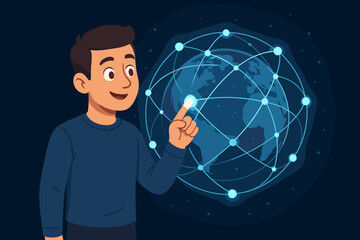 Poster - Cartoon man connecting with global network. Digital technology concept. Communication, internet, worldwide data exchange. Touchscreen, globe, connectivity, interactive world map illustration