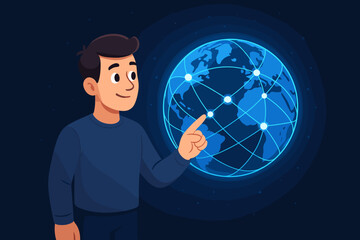 Poster - Cartoon man interacting with illuminated global network, digital connections concept, futuristic technology, internet communication, worldwide data exchange illustration, dark blue background