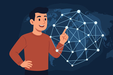 Poster - Businessman interacting with global digital network. Connected nodes world map. Networking, communication, technology concept. Modern business, data exchange, innovation, illustration, vector design