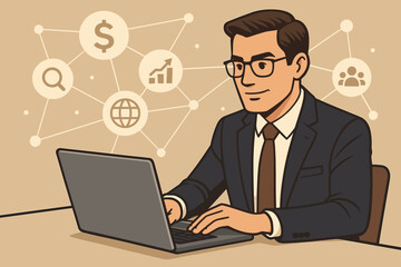 Poster - Professional male executive planning financial investment strategy on laptop. Digital business network with money, growth, global, and team icons. Corporate technology concept.