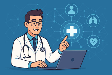 Poster - Cartoon doctor at a laptop with a virtual medical interface. Telemedicine and online consultation concept. Digital healthcare technology, electronic health records, futuristic medicine. Vector.