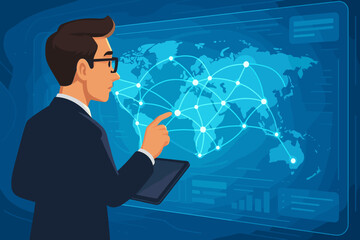 Poster - Businessman using a tablet to analyze a global network on a futuristic digital interface. Manager controlling world map dashboard with data. Concept of big data, logistics, and business strategy.