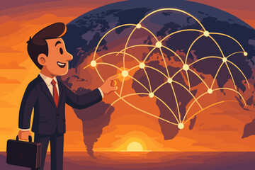 Poster - global business connection concept. businessman pointing at a worldwide communication network on ear