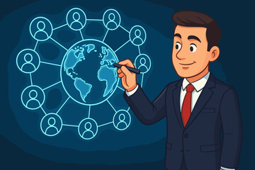Poster - Businessman visualizing global customer network connections on digital hologram screen. Corporate strategy for worldwide business growth, communication, and social media marketing vector cartoon.