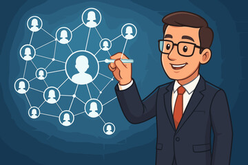 Poster - Smiling cartoon businessman drawing global customer network structure on digital holographic screen. Business technology, data connection, social media, communication, community, modern illustration.