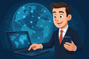 Poster - Global Business Connection: Cartoon Businessman Interacting with Laptop and Smartphone for Worldwide Digital Network Communication. Concept of Online Business, Internet, Technology, Data.