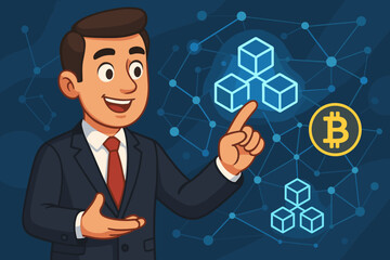 Poster - Businessman in Suit Interacting with Blockchain Network and Bitcoin Cryptocurrency Symbol on Digital Virtual Screen. Blockchain Technology Concept. Vector Cartoon Illustration. Finance, Innovation