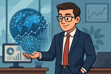 Poster - Businessman in Suit Holding Holographic Global Network, Analyzing Big Data, Economic Trends, Digital Marketing, Artificial Intelligence, Corporate Office, Vector Illustration