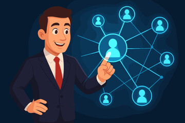 Poster - Businessman in suit interacting with holographic network interface, digital communication, social media connections, business networking, vector cartoon illustration, technology concept
