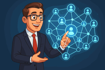 Poster - Businessman in Suit Connecting People with Holographic Social Network Interface, Digital Communication, Teamwork, Networking Concept, Vector Illustration for Business Collaboration and Technology