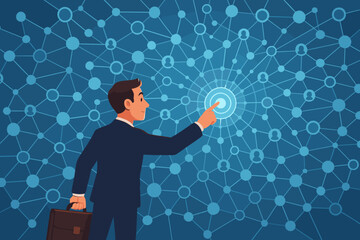 Poster - Businessman Connecting Digital Social Network Data Visualization. Corporate Networking, Business Communication, Technology, Online Community, Teamwork, Big Data, Internet, Vector Illustration