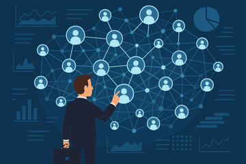 Poster - Businessman interacting with digital social network, analyzing big data visualization, connecting people, business communication, leadership, teamwork, corporate connections, professional network