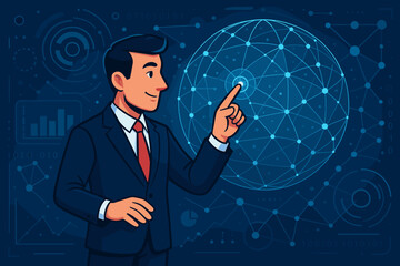 Poster - Businessman in suit interacting with global digital network connections, data analysis, big data processing, futuristic technology innovation, abstract infographic elements, vector illustration