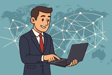 Poster - Businessman using laptop global network connection. Cartoon vector illustration. International business communication, digital technology, online networking, world map, professional workplace