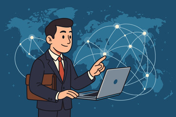 Poster - Businessman using laptop on global network connection. International business communication, digital technology, data exchange, worldwide internet, online networking, cartoon vector illustration