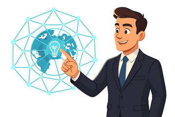 Poster - Businessman pointing at digital innovation concept with global network hologram, technology connection, creative idea, world map, business strategy, futuristic vector illustration
