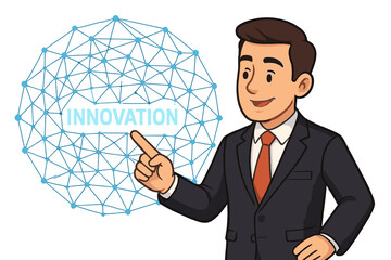 Poster - Businessman pointing at innovation concept in global network structure, digital technology, business strategy, leadership, modern ideas, professional cartoon vector illustration