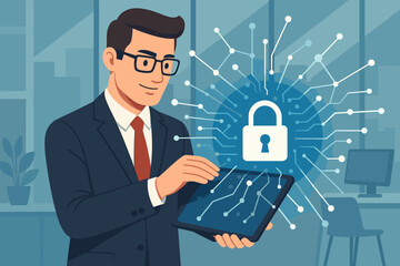 Poster - Businessman Protecting Sensitive Data on Tablet, Cyber Security and GDPR Compliance in Office, Digital Privacy, Data Protection, Network Connections, Secure Technology, Encryption, Vector Illustration