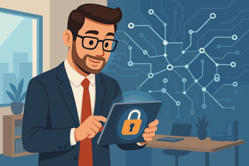 Poster - Businessman securing confidential data on tablet, cyber security and GDPR compliance in modern office, padlock icon, digital privacy protection, technology network connections, vector illustration