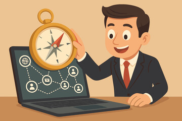 Poster - Businessman holding compass for digital navigation, laptop with global network connection and communication icons, online business strategy, technology guidance, vector cartoon illustration