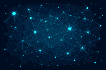 Aufkleber - Futuristic Abstract Global Network with Digital Connections, Glowing Dots, and Data Lines on Dark Blue Background. Technology, Communication, Internet, Big Data, AI, Cybersecurity Concept.