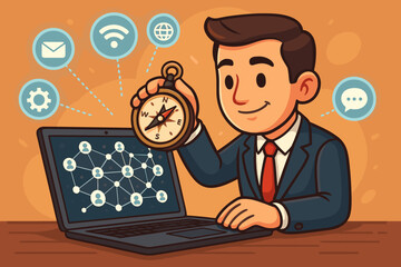Poster - Businessman holding compass with laptop and digital network icons. Cartoon vector illustration of decision making, internet connection, digital communication, business planning, technology concept