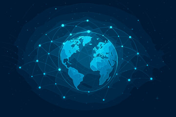 Poster - Futuristic Global Digital Network Connection Concept. Abstract Technology World Map Communication Background. Internet Data Link Blockchain Cyber Security AI Worldwide Innovation Web