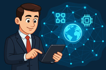 Poster - Businessman using tablet with global blockchain network, microchip processor icon, digital world map, connected nodes, futuristic technology concept. Modern vector cartoon illustration
